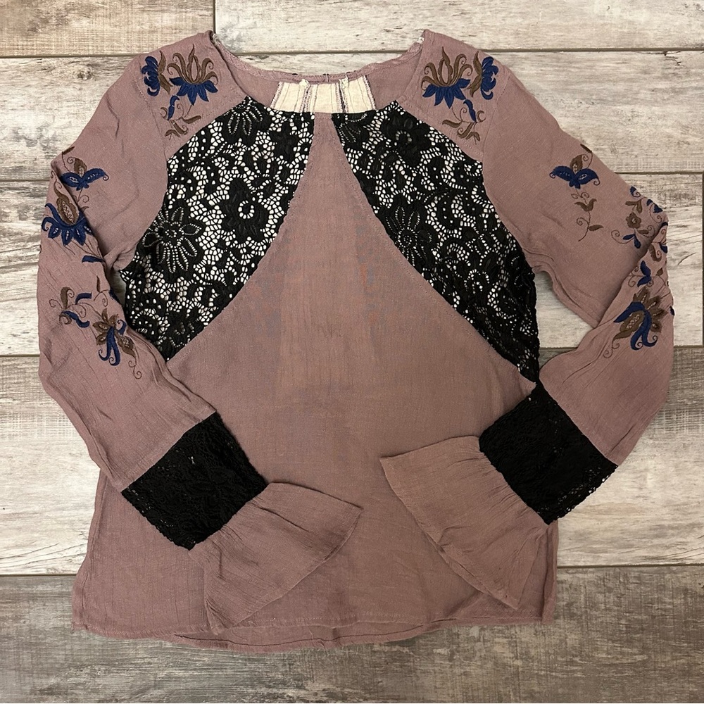 Mauve Tunic with Black Lace & Blue Embroidery